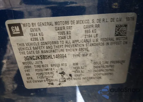 2017 Chevrolet Trax Ls из США, поврежденный, VIN 3GNCJKSB5HL148994